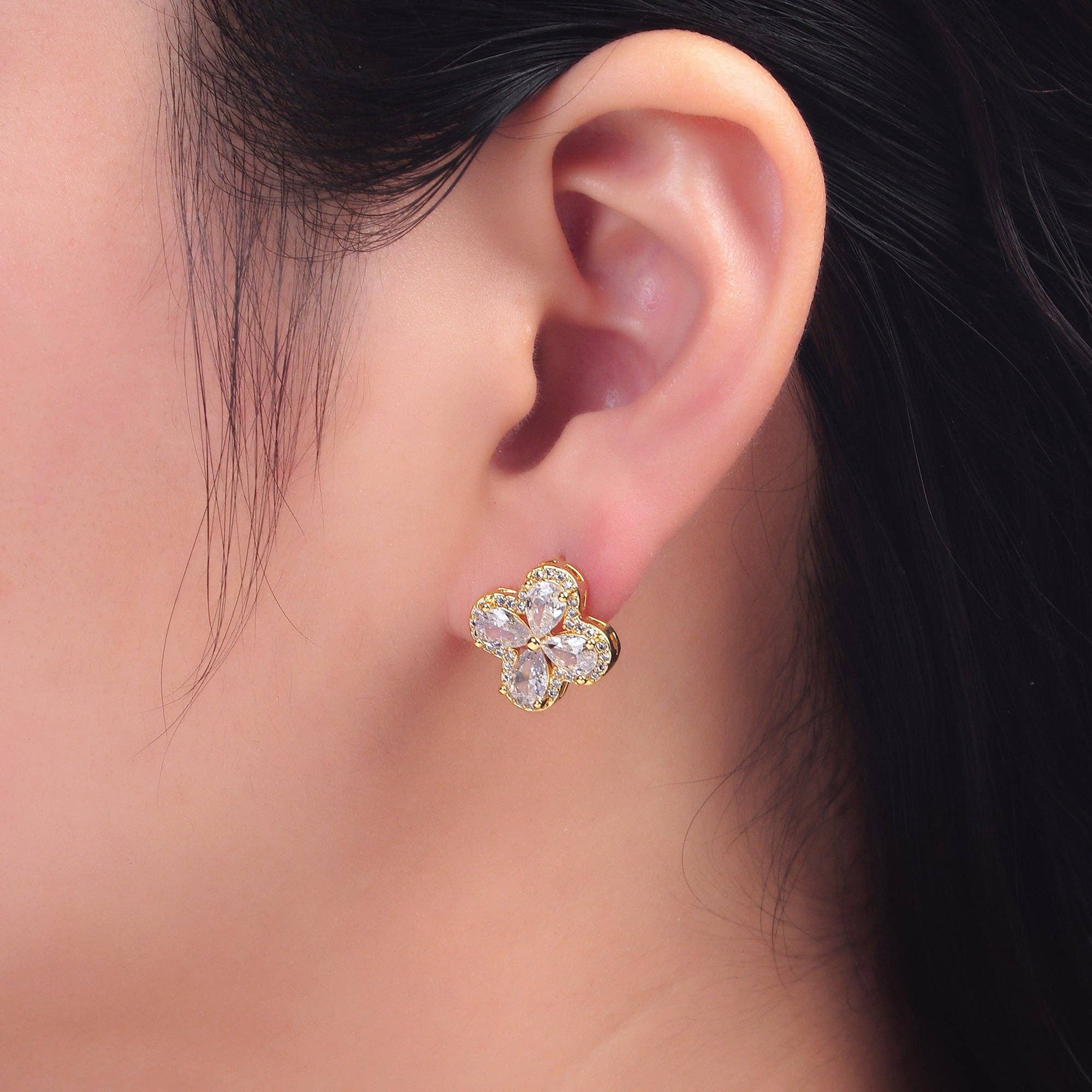 24K Gold Filled Clear CZ Micro Paved CZ Quatrefoil Stud Earrings in Gold & Silver | AB688 AB689: Silver